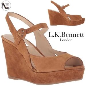 L. K. Bennet Raisa Designer brown tan suede wedge platform ankle strap sandal 40